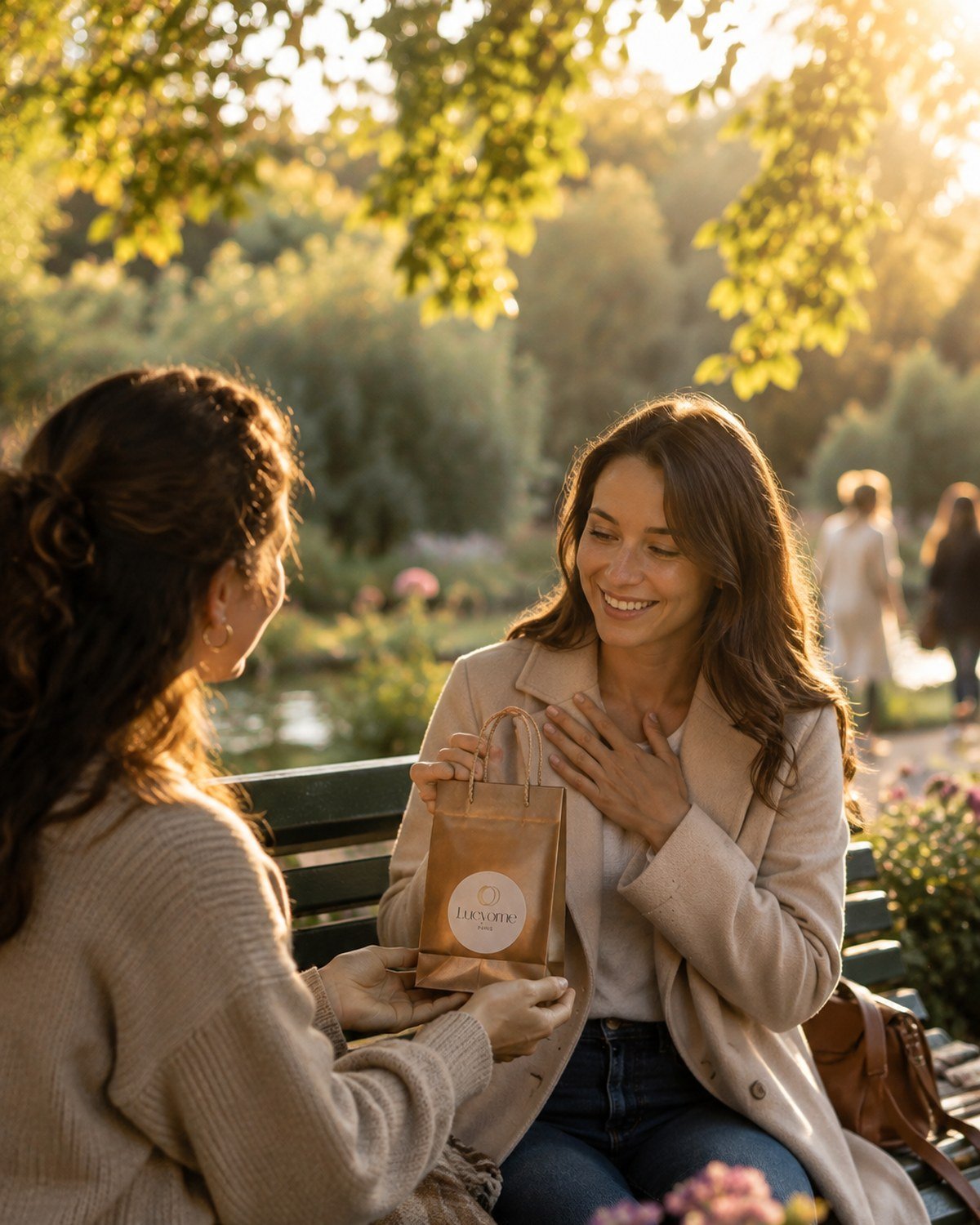 Deux amies assises sur un banc de parc à la lumière du soir : l’une tend un petit sac Lucyome, l’autre sourit, la main sur le cœur.