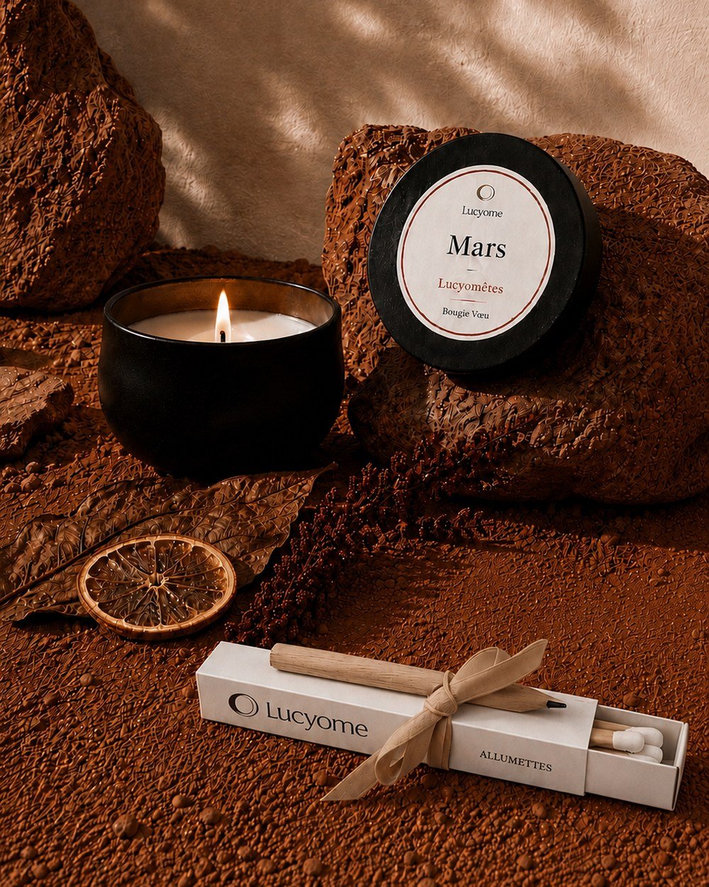 La bougie Mars, boîte métal rouge, couvercle posé devant elle.