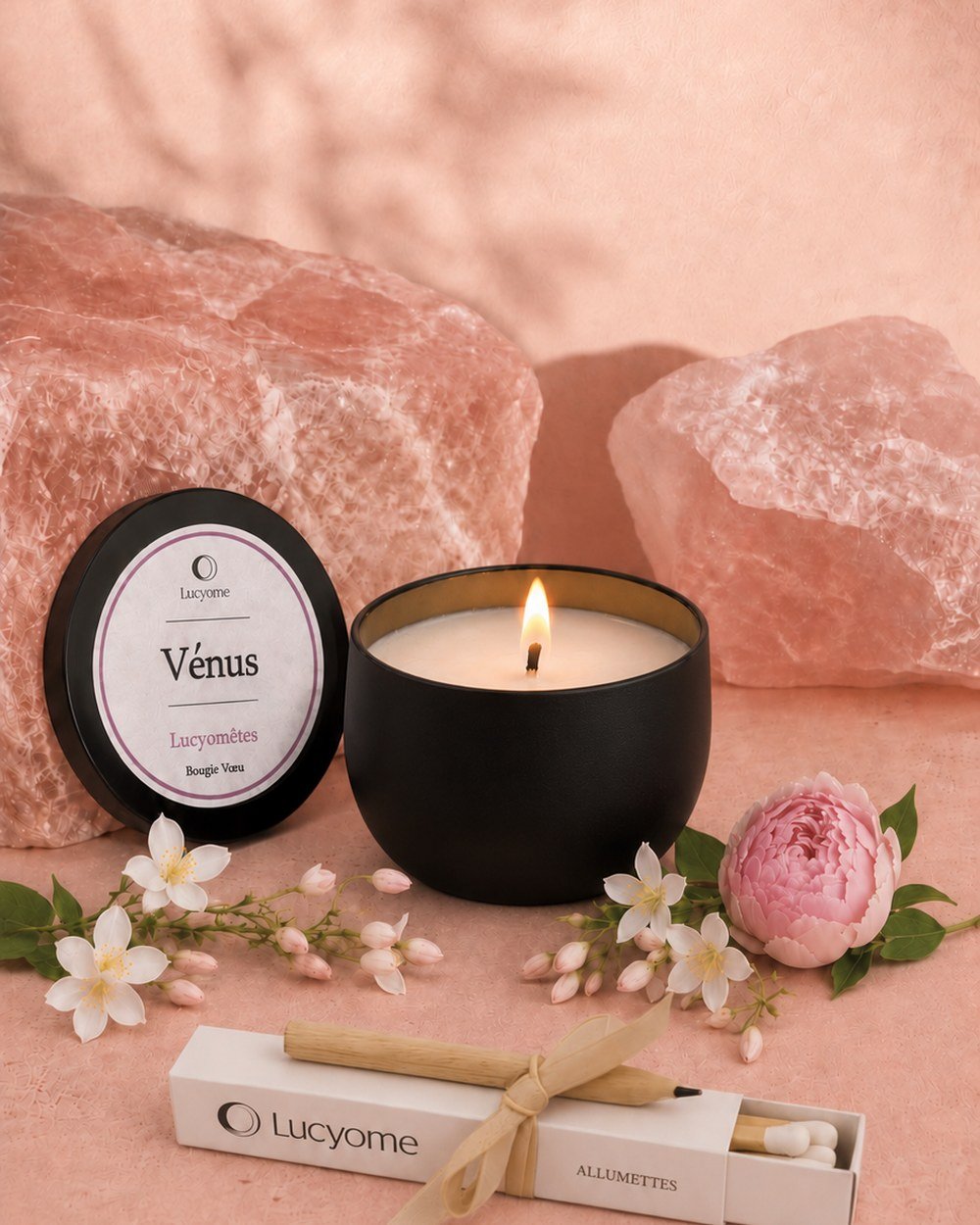 La bougie Vénus, boîte métal rosée, couvercle posé devant elle.
